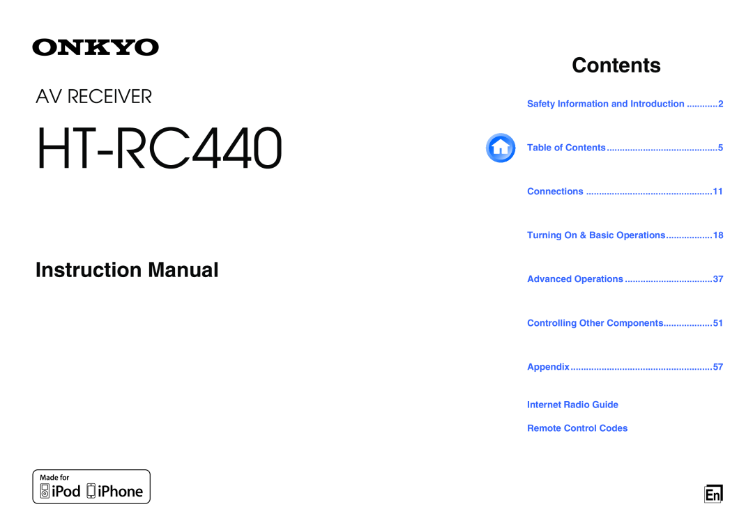 Onkyo HT-RC440 instruction manual Instruction Manual, Contents, Av Receiver 