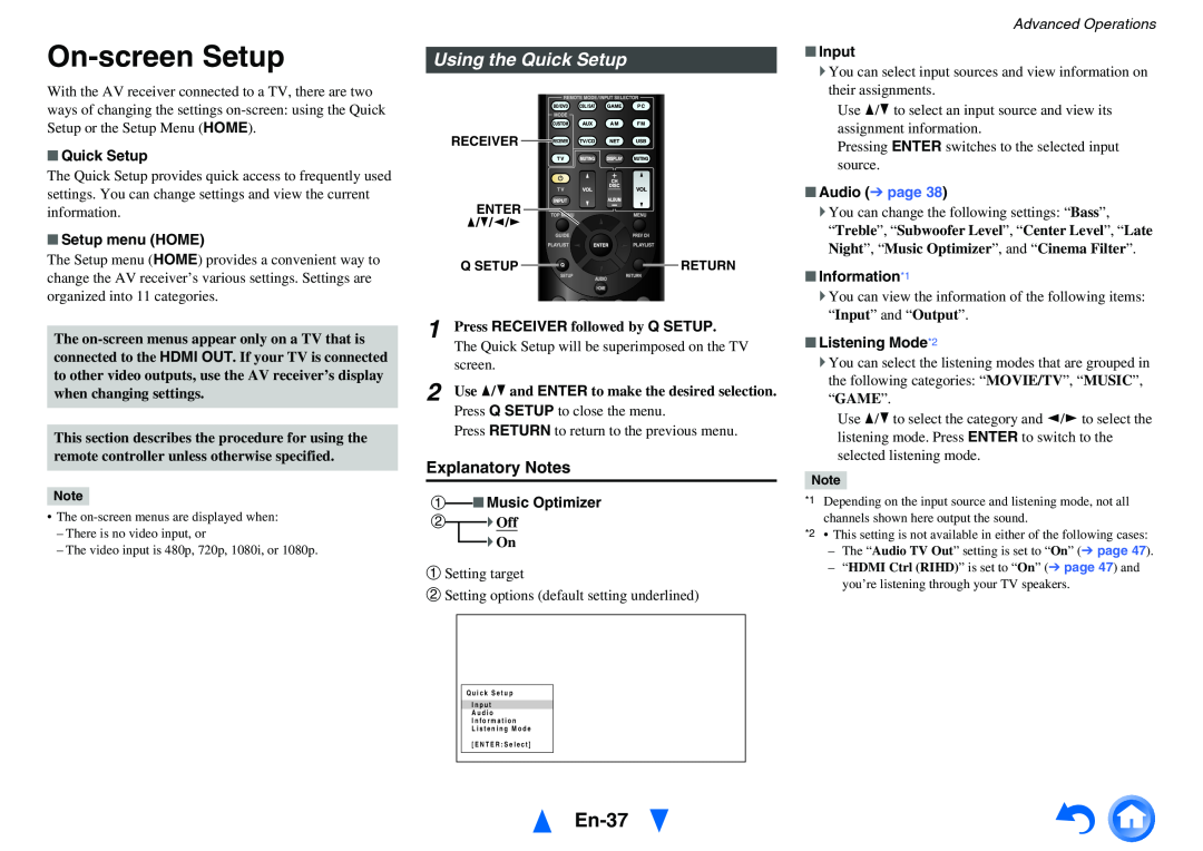Onkyo HT-RC440 On-screenSetup, En-37, Using the Quick Setup, Explanatory Notes, Setup menu HOME, a Music Optimizer, Input 