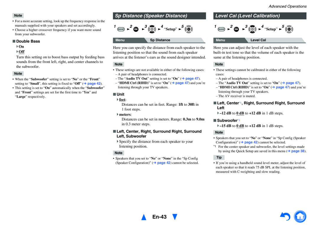 Onkyo HT-RC440 En-43, Sp Distance Speaker Distance, Level Cal Level Calibration, Double Bass, 4 “Setup”, Unit, Left 