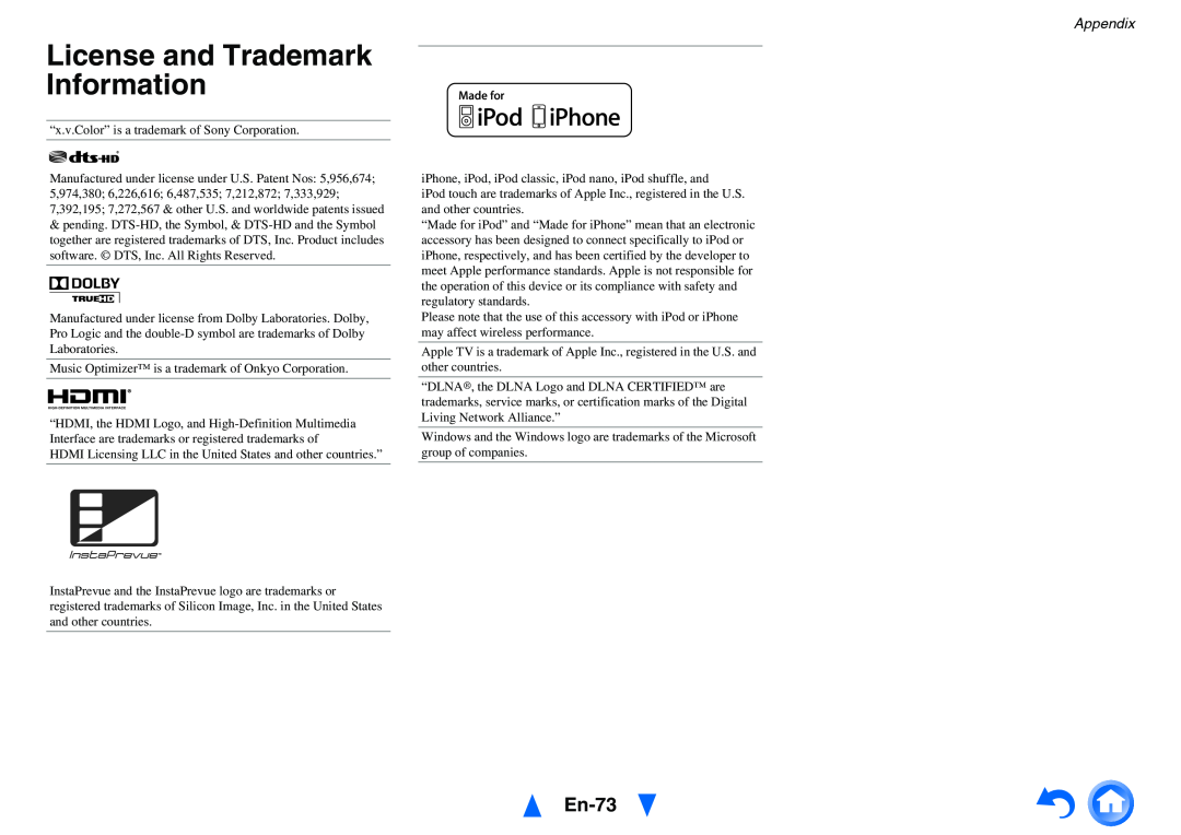 Onkyo HT-RC440 instruction manual License and Trademark Information, En-73, Appendix 