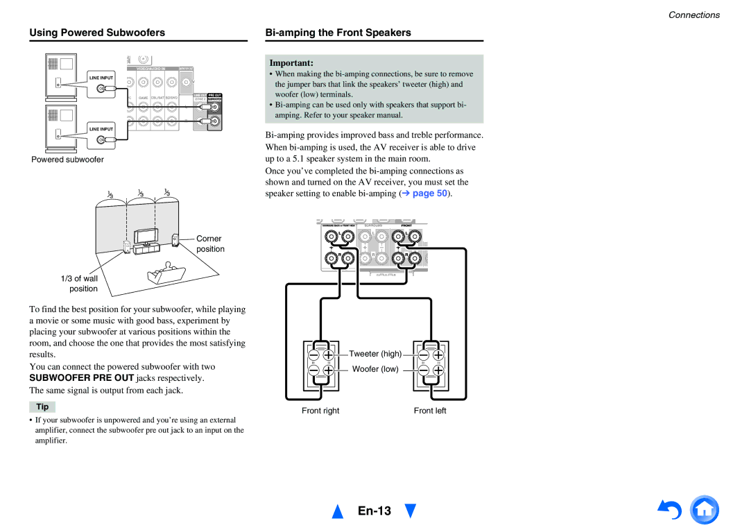 Onkyo HT-RC460 instruction manual En-13, Using Powered Subwoofers, Bi-amping the Front Speakers 