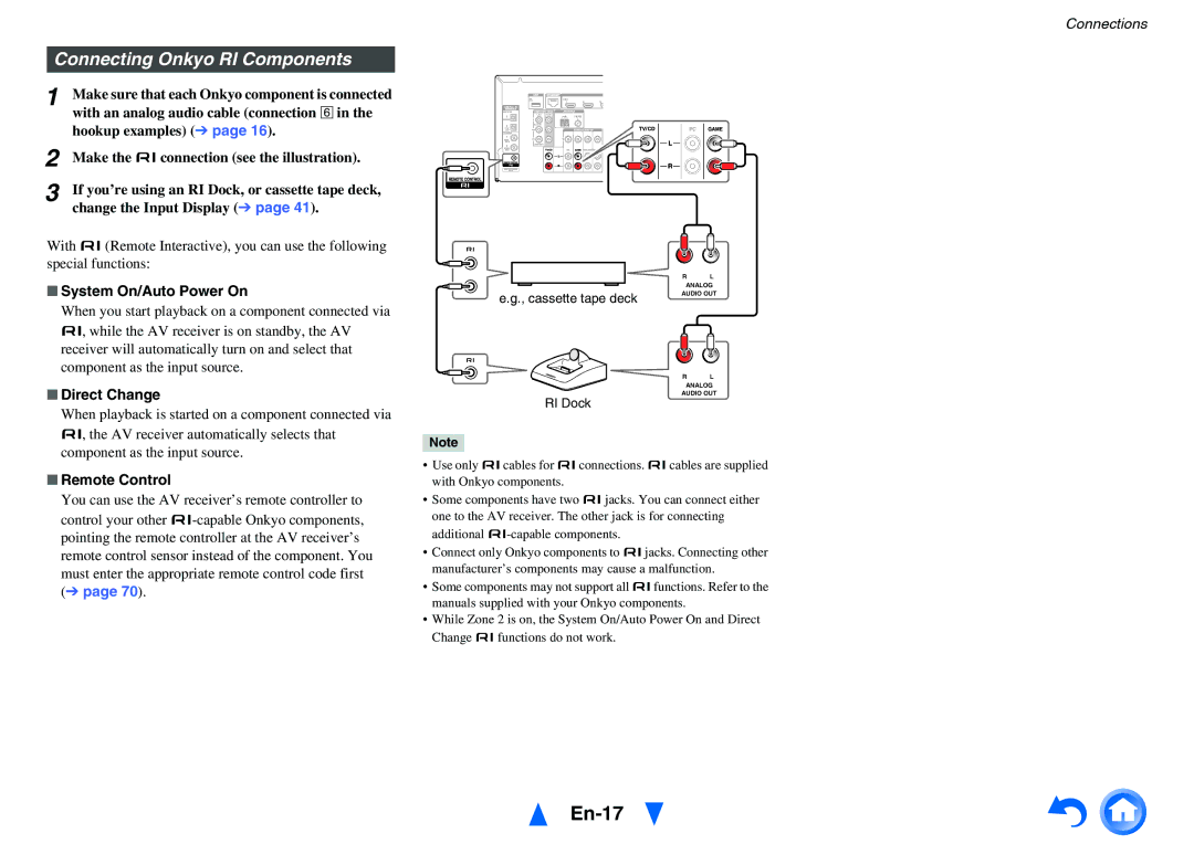 Onkyo HT-RC460 En-17, Connecting Onkyo RI Components, System On/Auto Power On, Direct Change, Remote Control 
