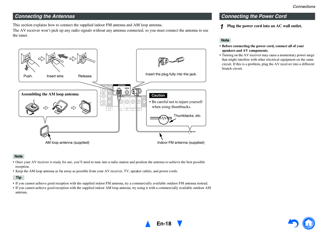 Onkyo HT-RC460 En-18, Connecting the Antennas, Connecting the Power Cord, Plug the power cord into an AC wall outlet 