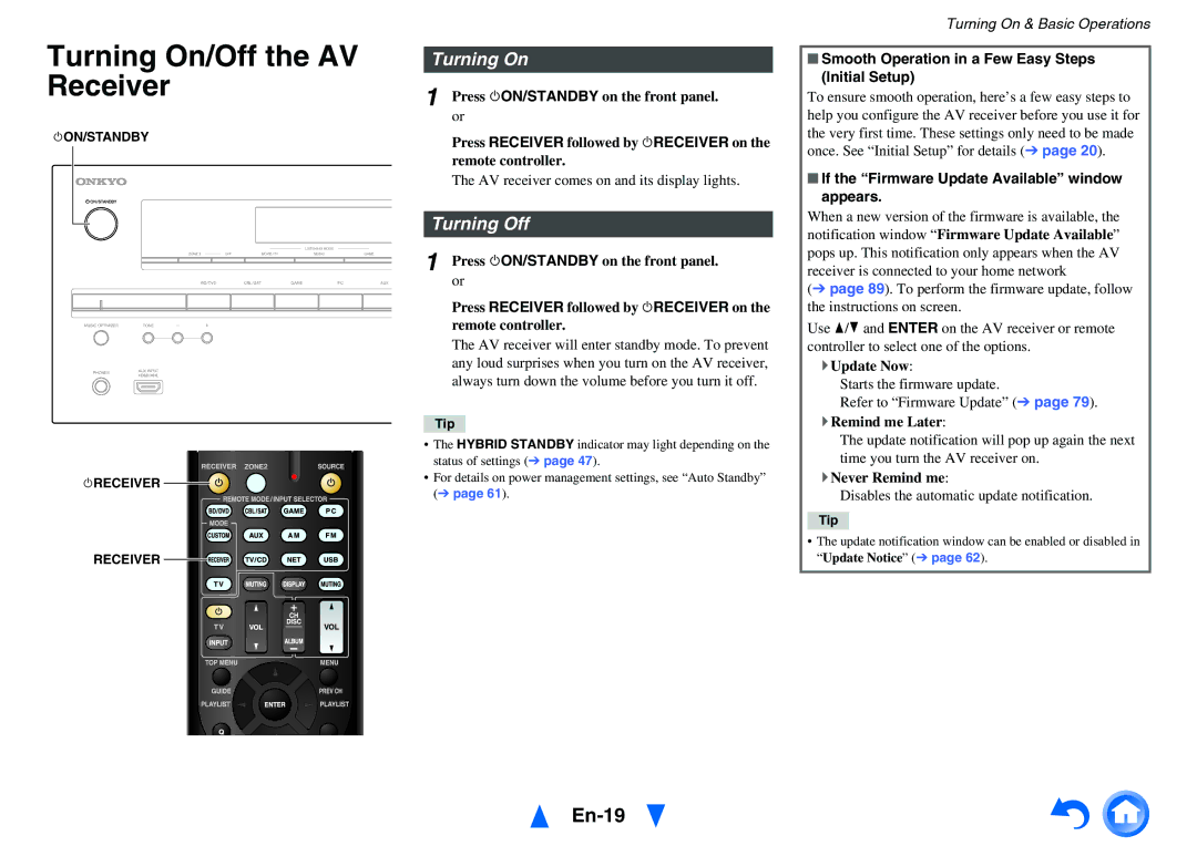 Onkyo HT-RC460 instruction manual Turning On/Off the AV Receiver, En-19, Turning Off 