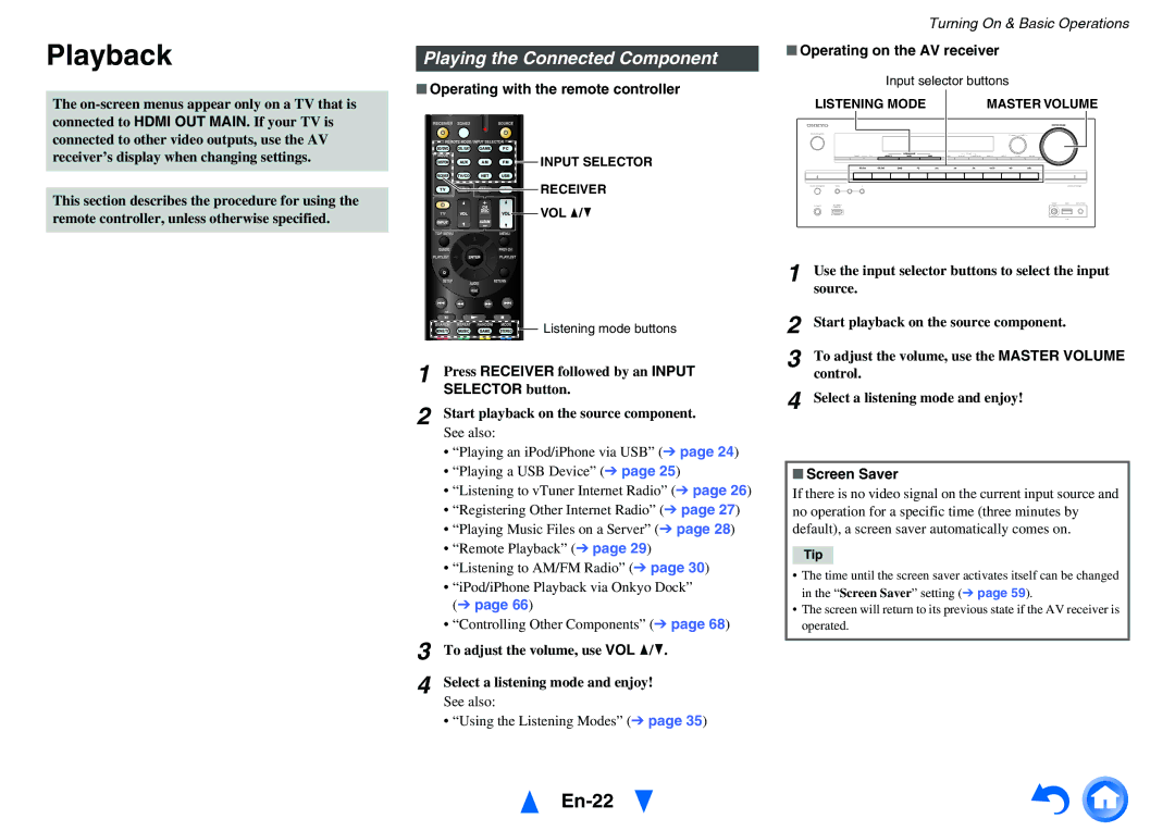 Onkyo HT-RC460 instruction manual Playback, En-22, Playing the Connected Component 