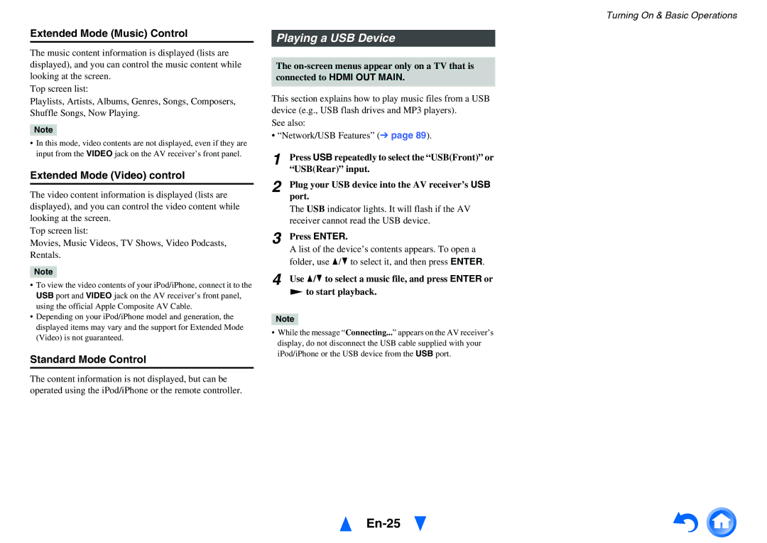 Onkyo HT-RC460 instruction manual En-25, Playing a USB Device, Extended Mode Music Control, Extended Mode Video control 