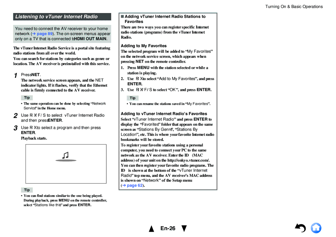Onkyo HT-RC460 En-26, Listening to vTuner Internet Radio, Adding vTuner Internet Radio Stations to Favorites 