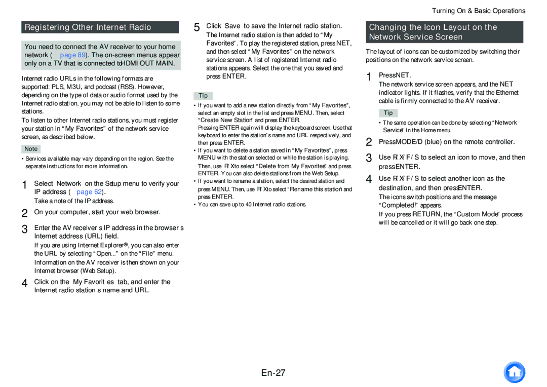 Onkyo HT-RC460 En-27, Registering Other Internet Radio, Changing the Icon Layout on the Network Service Screen 