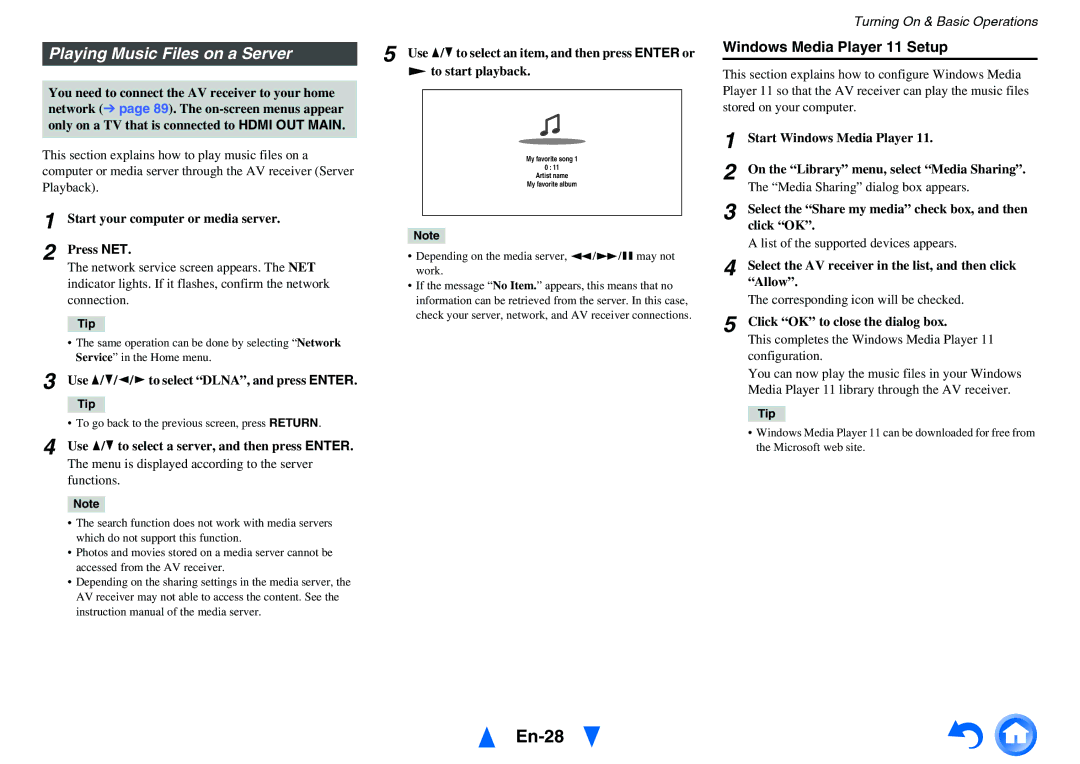 Onkyo HT-RC460 instruction manual En-28, Playing Music Files on a Server, Windows Media Player 11 Setup 