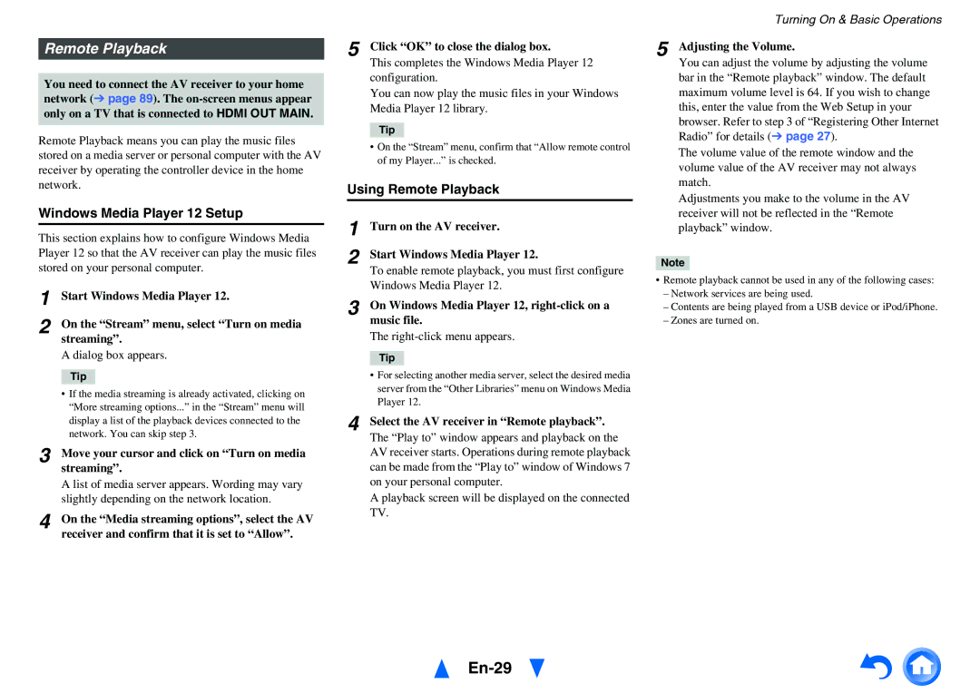 Onkyo HT-RC460 instruction manual En-29, Windows Media Player 12 Setup, Using Remote Playback 