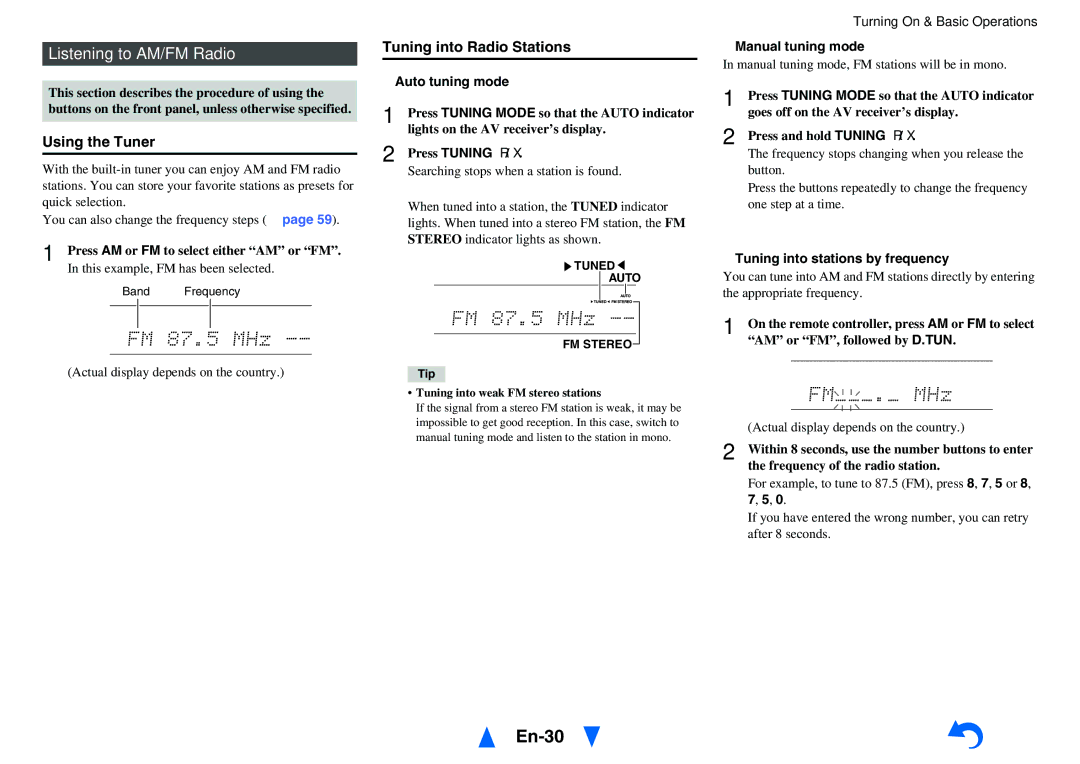 Onkyo HT-RC460 instruction manual En-30, Listening to AM/FM Radio, Using the Tuner, Tuning into Radio Stations 