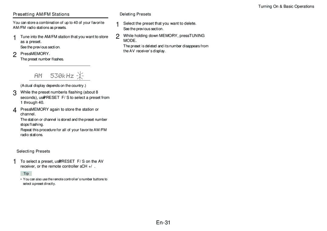 Onkyo HT-RC460 instruction manual En-31, Presetting AM/FM Stations, Selecting Presets, Deleting Presets, Mode 