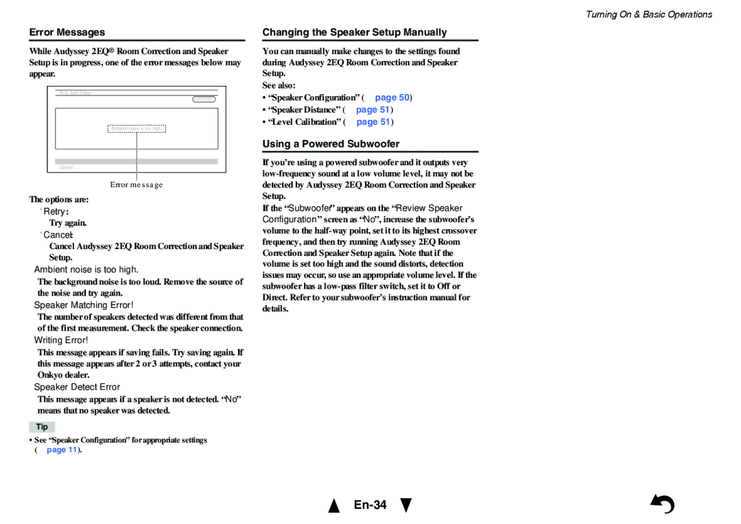 Onkyo HT-RC460 instruction manual En-34, Error Messages, Changing the Speaker Setup Manually, Using a Powered Subwoofer 