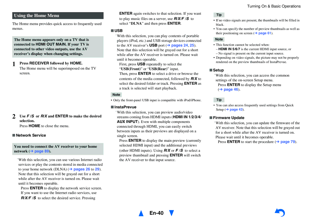 Onkyo HT-RC460 instruction manual En-40, Using the Home Menu, Usb 