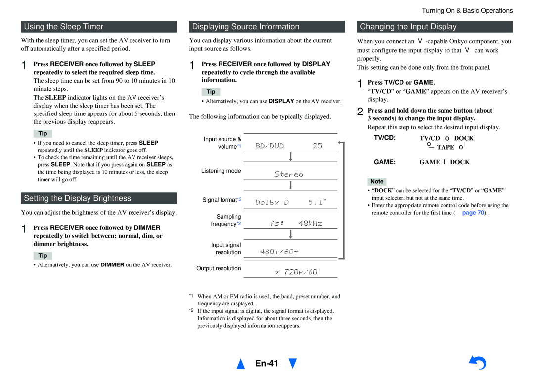 Onkyo HT-RC460 En-41, Using the Sleep Timer, Setting the Display Brightness, Displaying Source Information 
