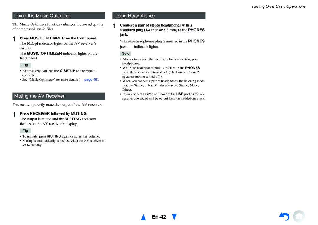 Onkyo HT-RC460 instruction manual En-42, Using the Music Optimizer, Muting the AV Receiver, Using Headphones 