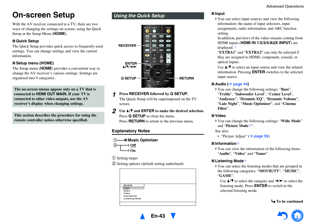 Onkyo HT-RC460 instruction manual On-screen Setup, En-43, Using the Quick Setup, Explanatory Notes 