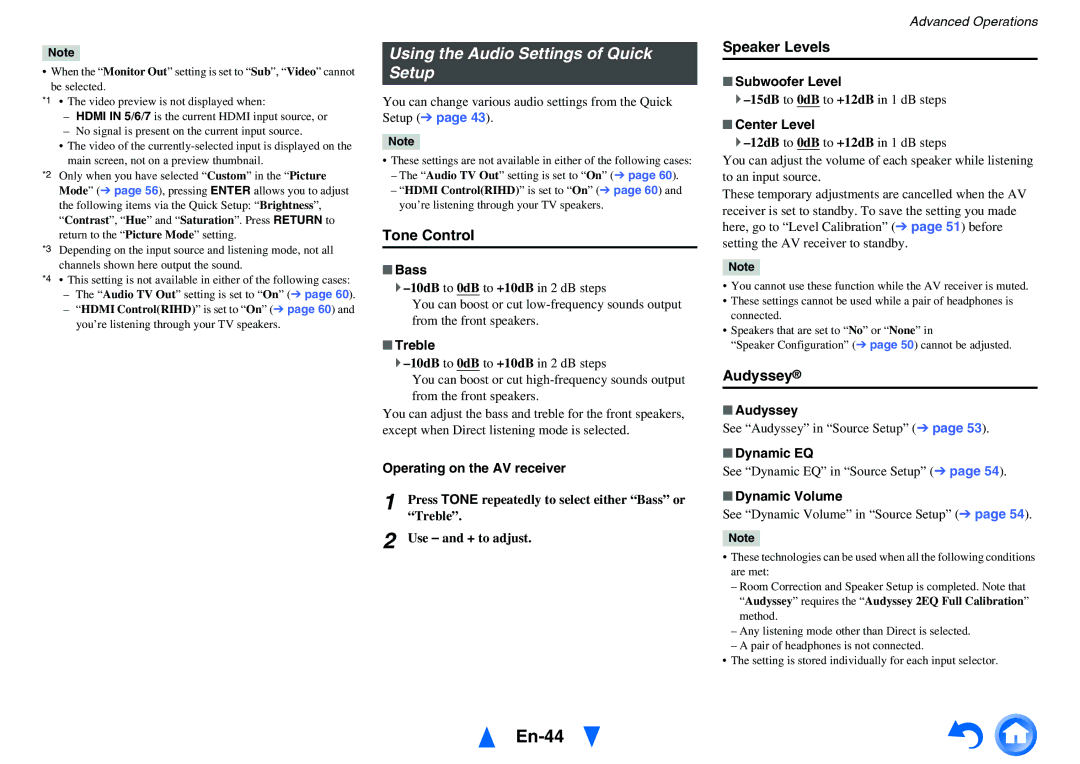 Onkyo HT-RC460 instruction manual En-44, Using the Audio Settings of Quick Setup, Tone Control, Speaker Levels, Audyssey 