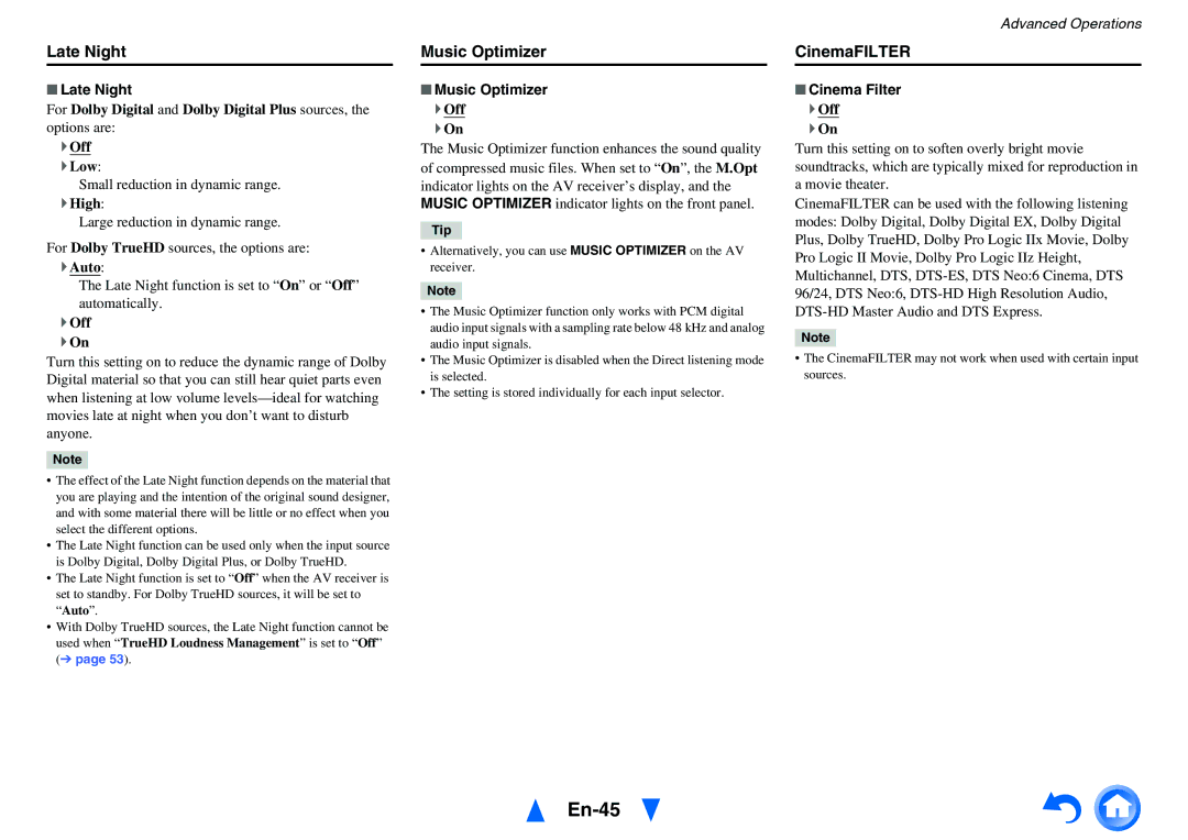 Onkyo HT-RC460 instruction manual En-45, Late Night, Music Optimizer, CinemaFILTER 