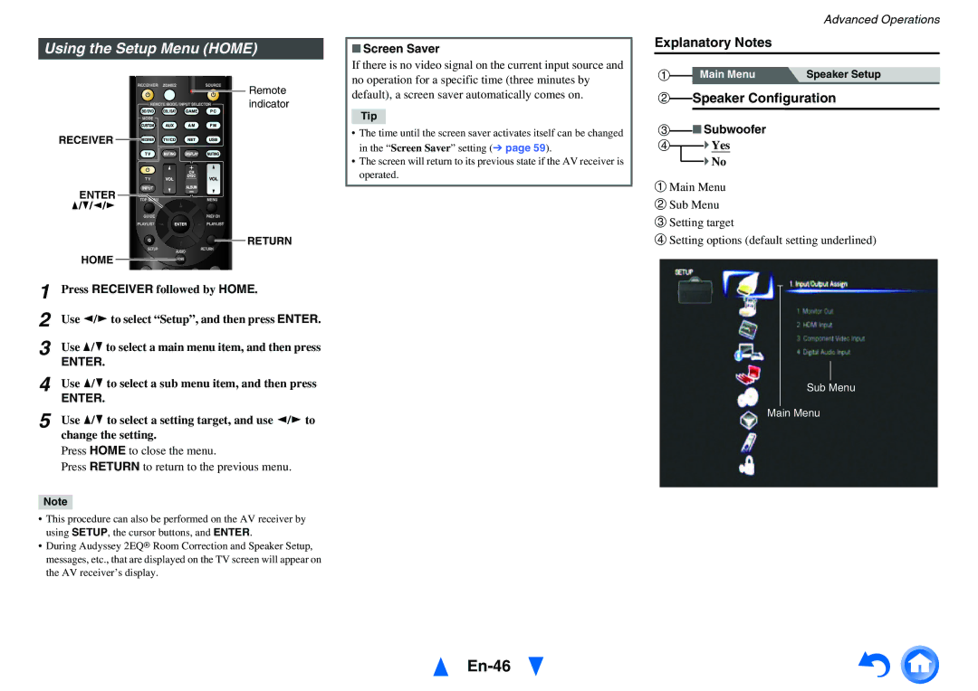 Onkyo HT-RC460 instruction manual En-46, Using the Setup Menu Home, Subwoofer 