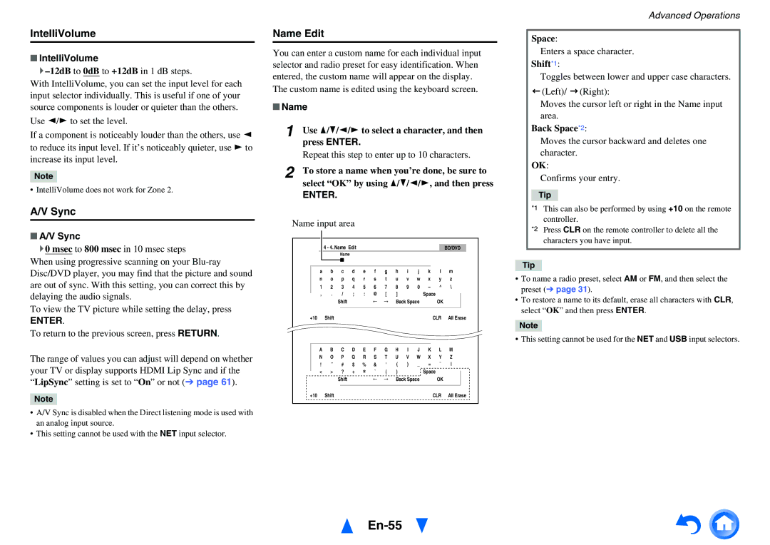 Onkyo HT-RC460 instruction manual En-55, IntelliVolume, Sync, Name Edit 