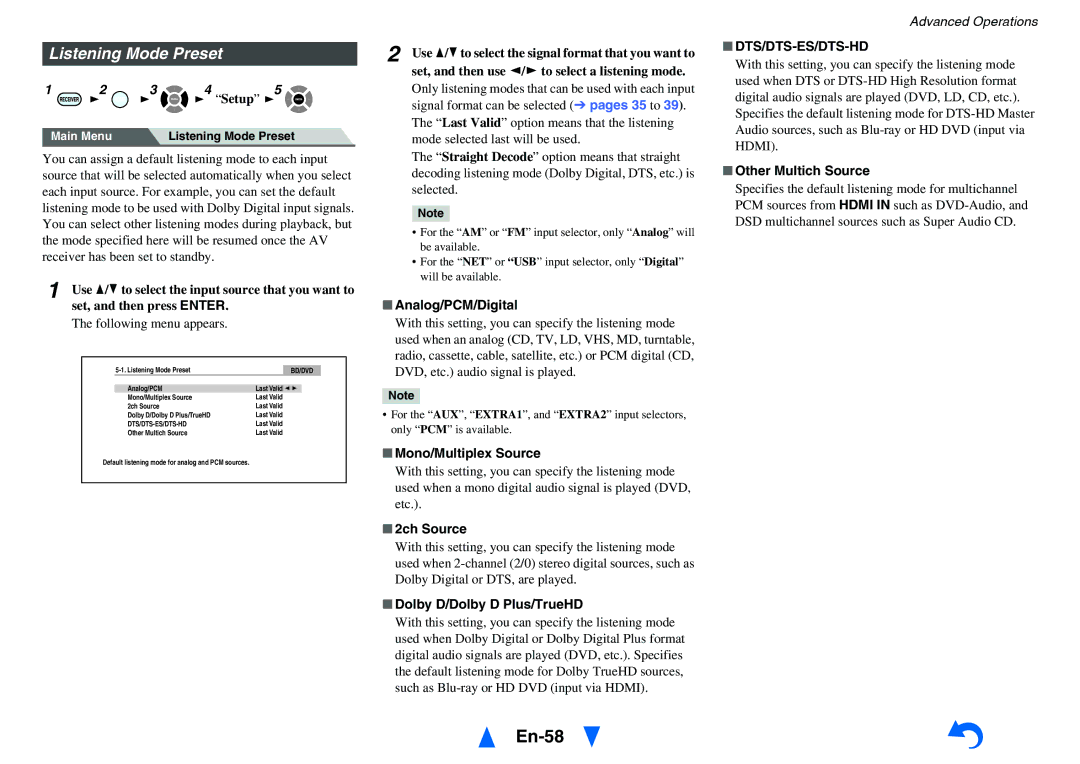 Onkyo HT-RC460 instruction manual En-58, Listening Mode Preset, Dts/Dts-Es/Dts-Hd 