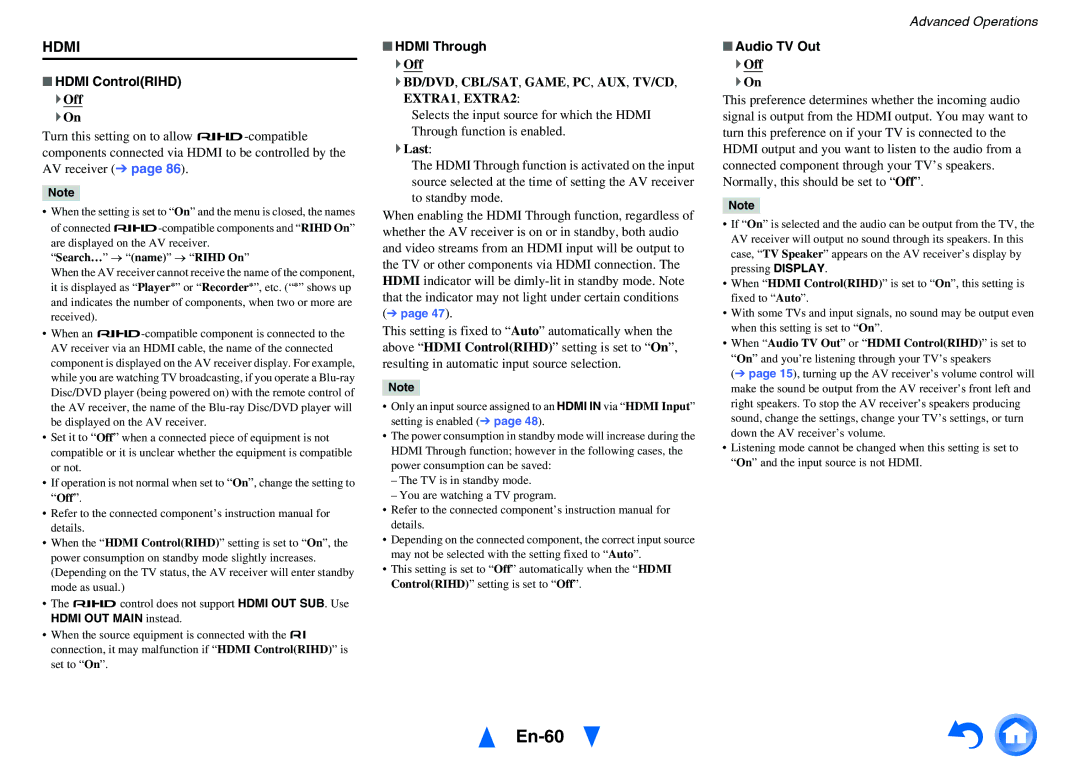 Onkyo HT-RC460 instruction manual En-60, Hdmi ControlRIHD, Hdmi Through, ` Last, Audio TV Out 