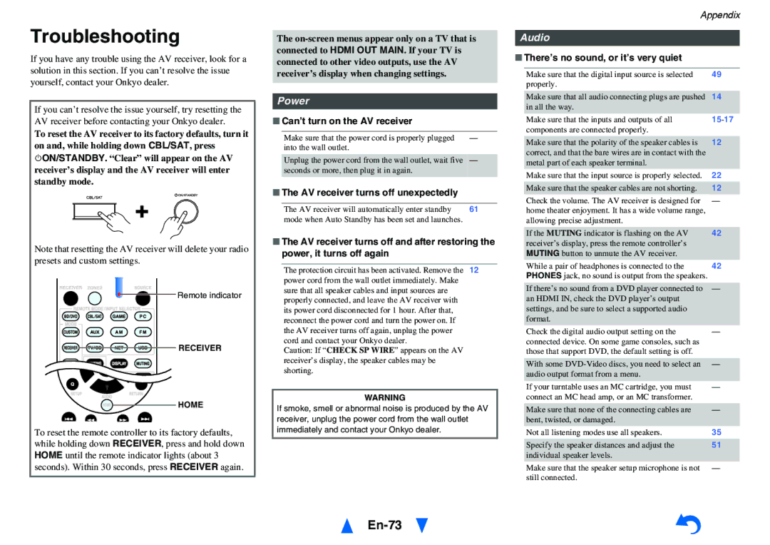 Onkyo HT-RC460 instruction manual Troubleshooting, En-73, Power, Audio 