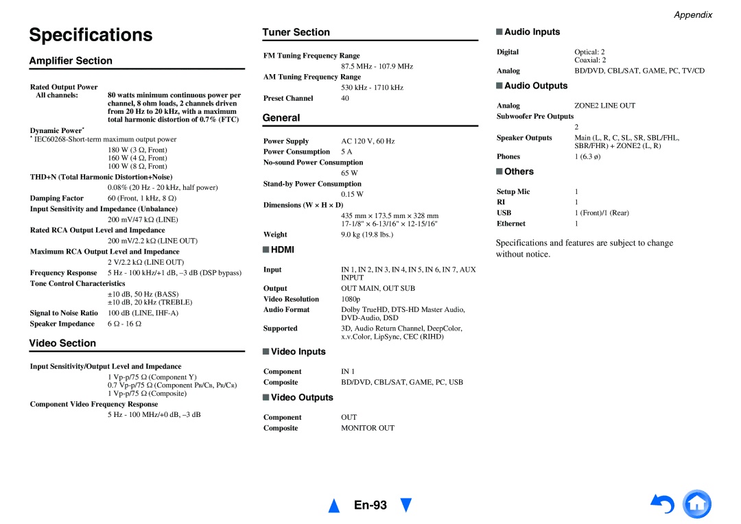 Onkyo HT-RC460 instruction manual Specifications, En-93 