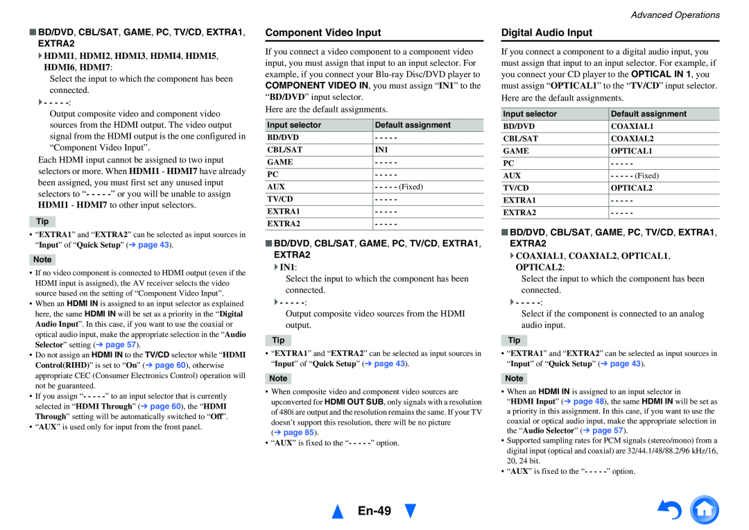 Onkyo HT-RC460 instruction manual En-49, BD/DVD, CBL/SAT, GAME, PC, TV/CD, EXTRA1 EXTRA2, Advanced Operations 