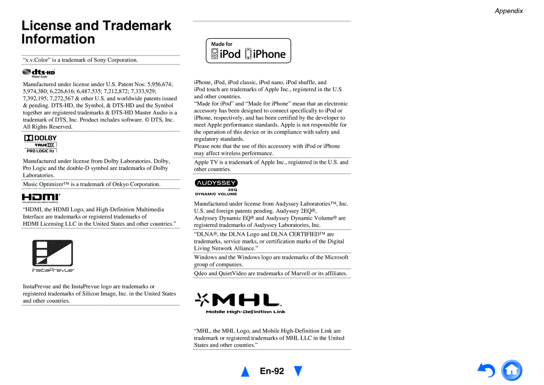 Onkyo HT-RC460 instruction manual License and Trademark Information, En-92, Appendix 
