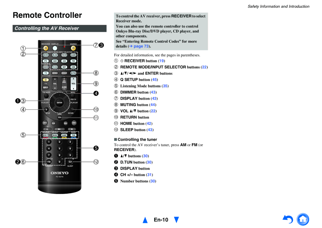 Onkyo HT-RC470 instruction manual Remote Controller, En-10, Controlling the AV Receiver 