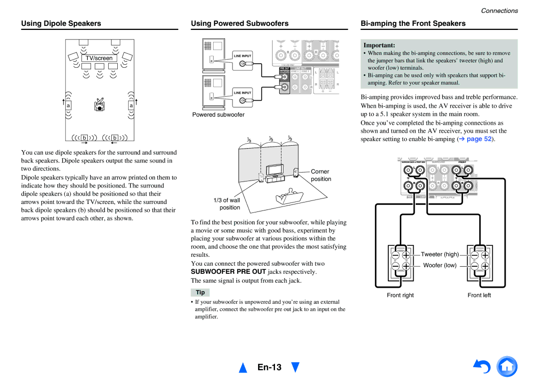 Onkyo HT-RC470 instruction manual En-13, Using Dipole Speakers, Using Powered Subwoofers, Bi-amping the Front Speakers 