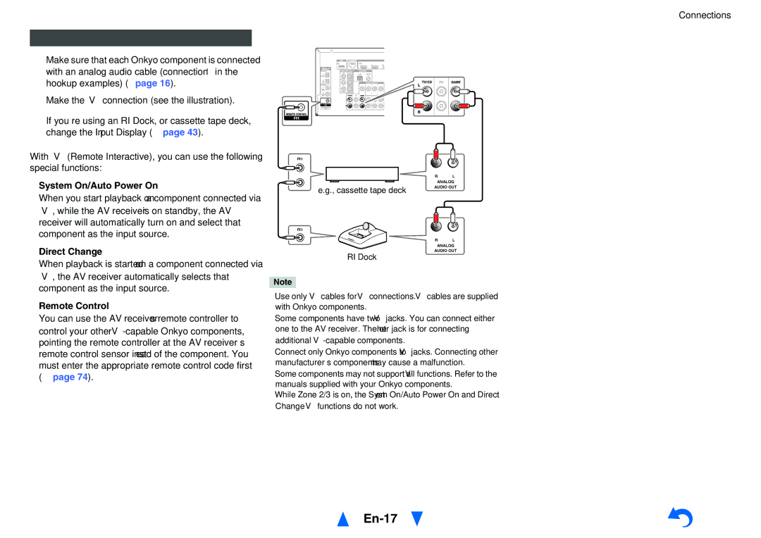 Onkyo HT-RC470 En-17, Connecting Onkyo RI Components, System On/Auto Power On, Direct Change, Remote Control 