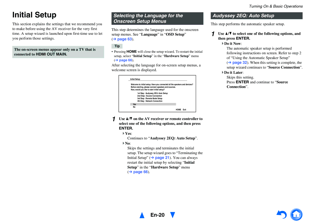 Onkyo HT-RC470 Initial Setup, En-20, Selecting the Language for the Onscreen Setup Menus, Audyssey 2EQ Auto Setup, Enter 