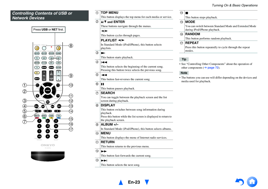 Onkyo HT-RC470 instruction manual En-23, Controlling Contents of USB or Network Devices 