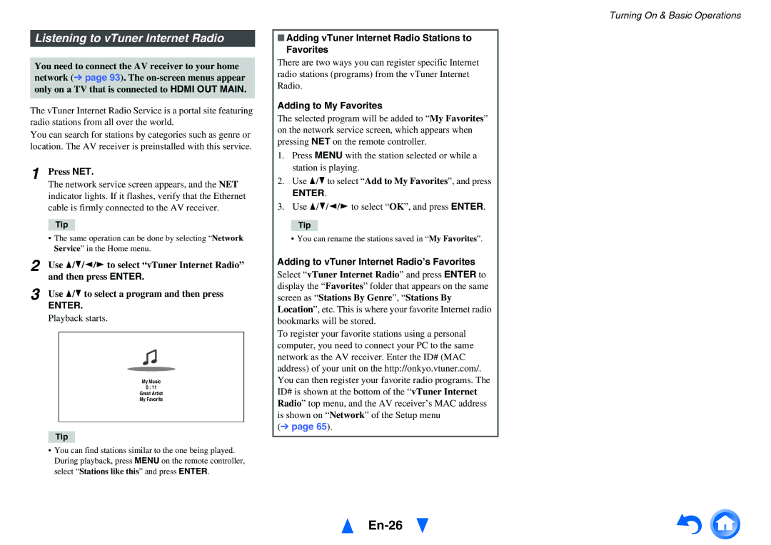 Onkyo HT-RC470 En-26, Listening to vTuner Internet Radio, Adding vTuner Internet Radio Stations to Favorites 
