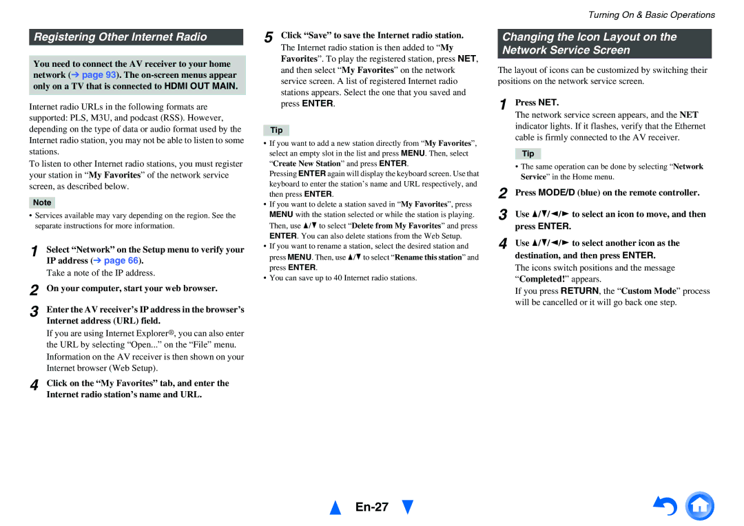 Onkyo HT-RC470 En-27, Registering Other Internet Radio, Changing the Icon Layout on the Network Service Screen 