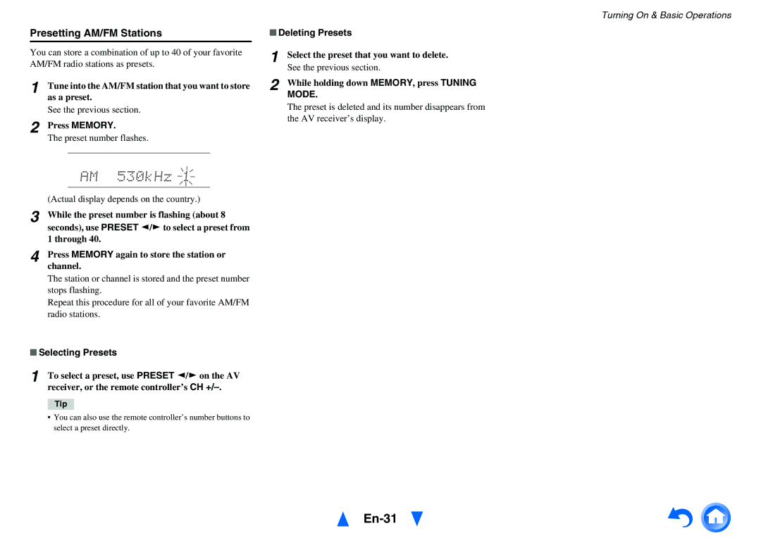 Onkyo HT-RC470 instruction manual En-31, Presetting AM/FM Stations, Selecting Presets, Deleting Presets, Mode 