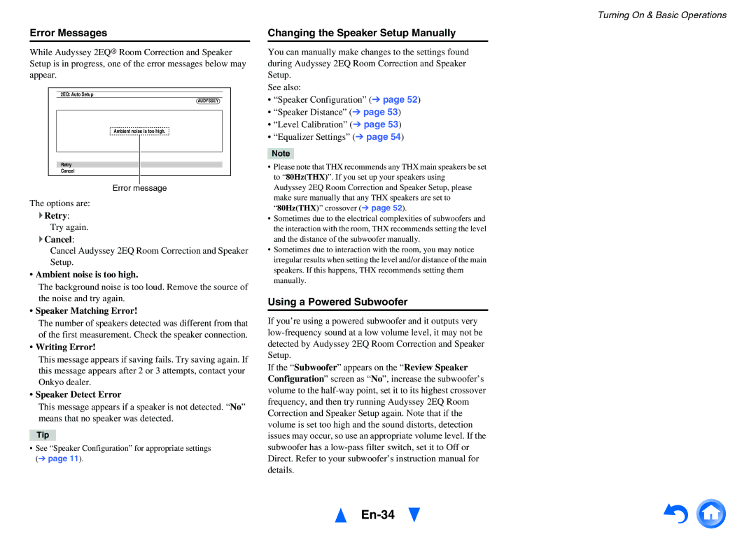 Onkyo HT-RC470 instruction manual En-34, Error Messages, Changing the Speaker Setup Manually, Using a Powered Subwoofer 