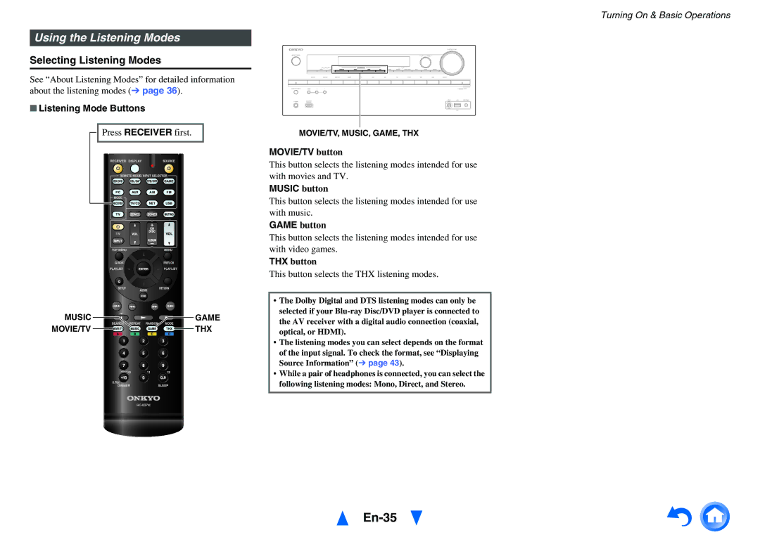 Onkyo HT-RC470 En-35, Using the Listening Modes, Selecting Listening Modes, MOVIE/TV button, Music button 