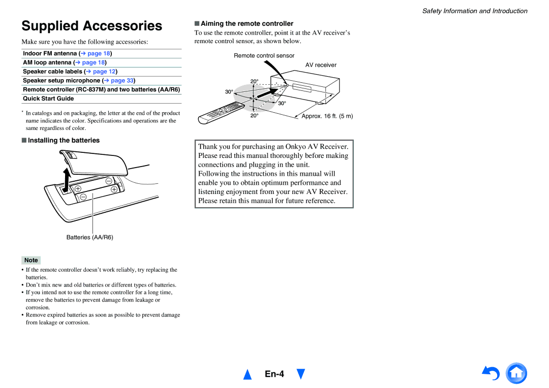 Onkyo HT-RC470 Supplied Accessories, En-4, Make sure you have the following accessories, Installing the batteries 