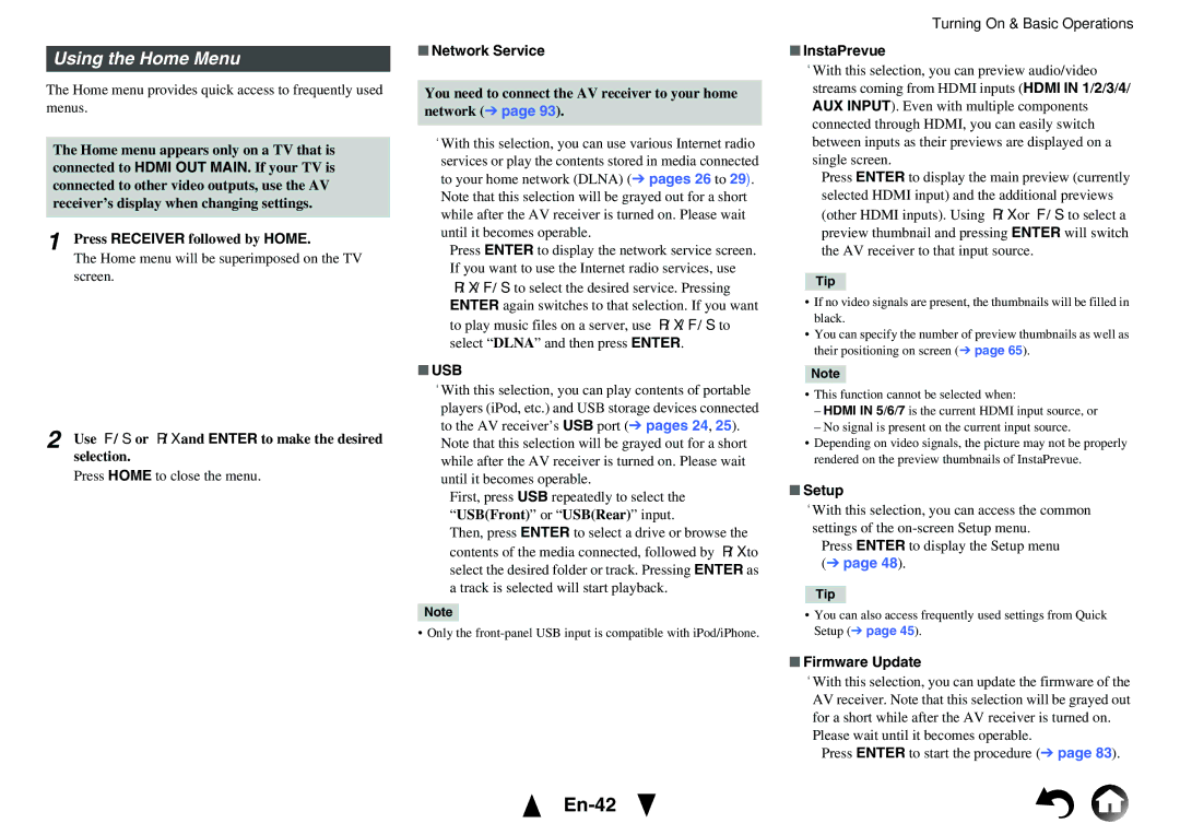 Onkyo HT-RC470 instruction manual En-42, Using the Home Menu, Usb 