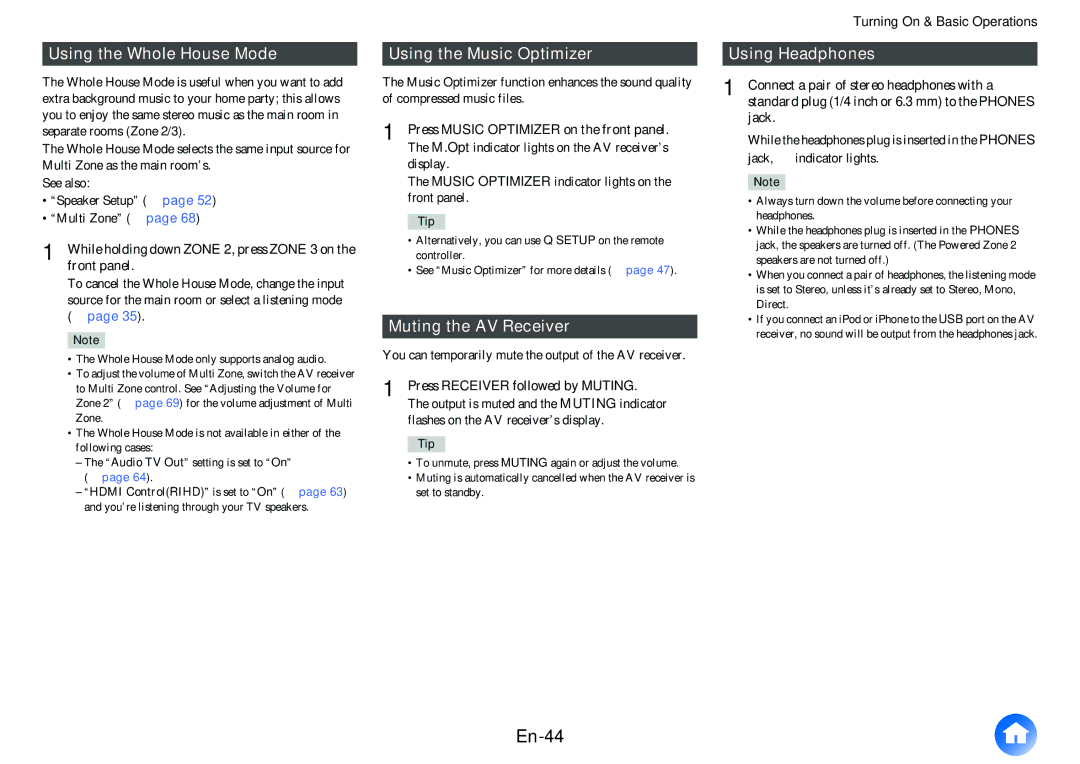 Onkyo HT-RC470 En-44, Using the Whole House Mode, Using the Music Optimizer, Muting the AV Receiver, Using Headphones 