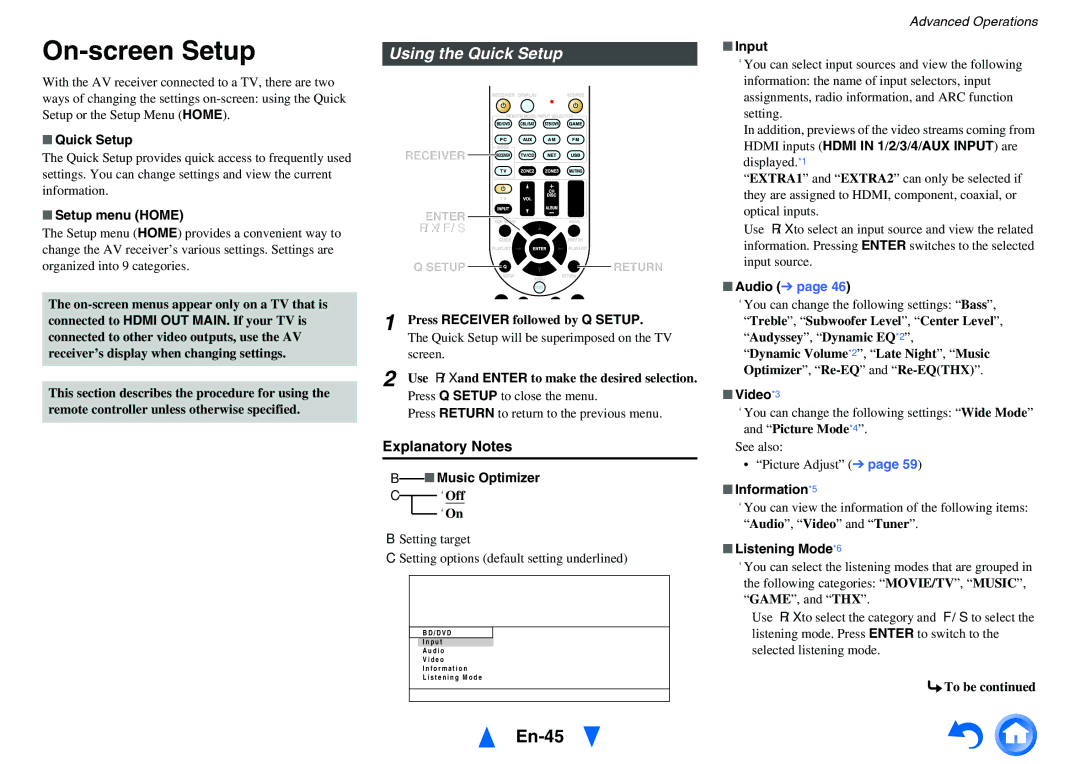 Onkyo HT-RC470 instruction manual On-screen Setup, En-45, Using the Quick Setup, Explanatory Notes 