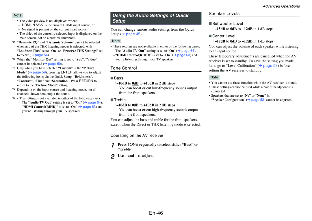 Onkyo HT-RC470 instruction manual En-46, Using the Audio Settings of Quick Setup, Tone Control, Speaker Levels 