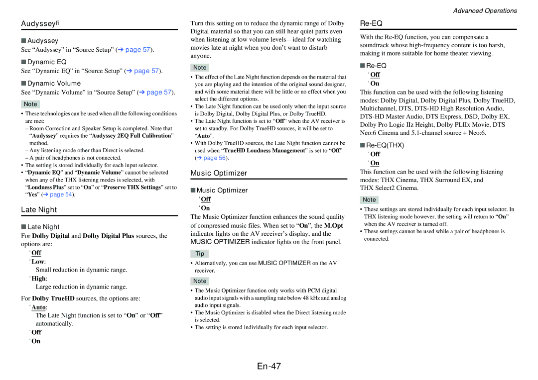 Onkyo HT-RC470 instruction manual En-47, Audyssey, Late Night, Music Optimizer, Re-EQ 