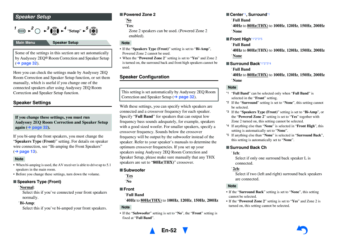 Onkyo HT-RC470 instruction manual En-52, Speaker Setup, Speaker Settings 