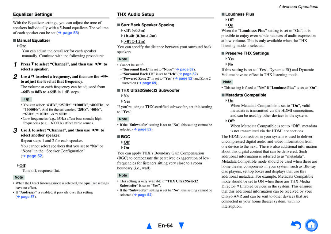 Onkyo HT-RC470 instruction manual En-54, Equalizer Settings, THX Audio Setup, Bgc 