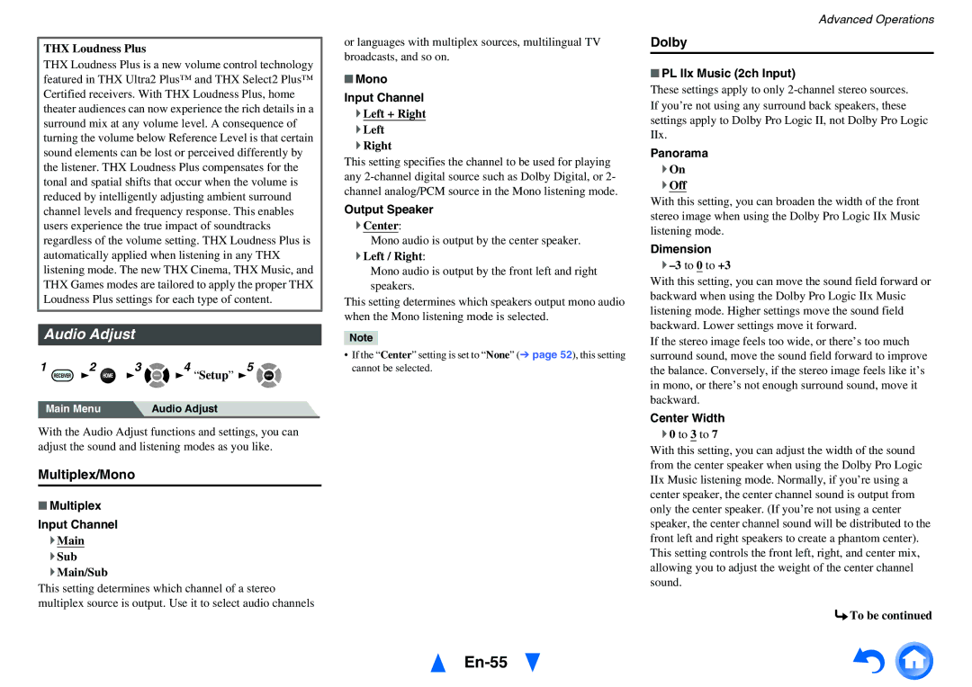 Onkyo HT-RC470 instruction manual En-55, Audio Adjust, Multiplex/Mono, Dolby 